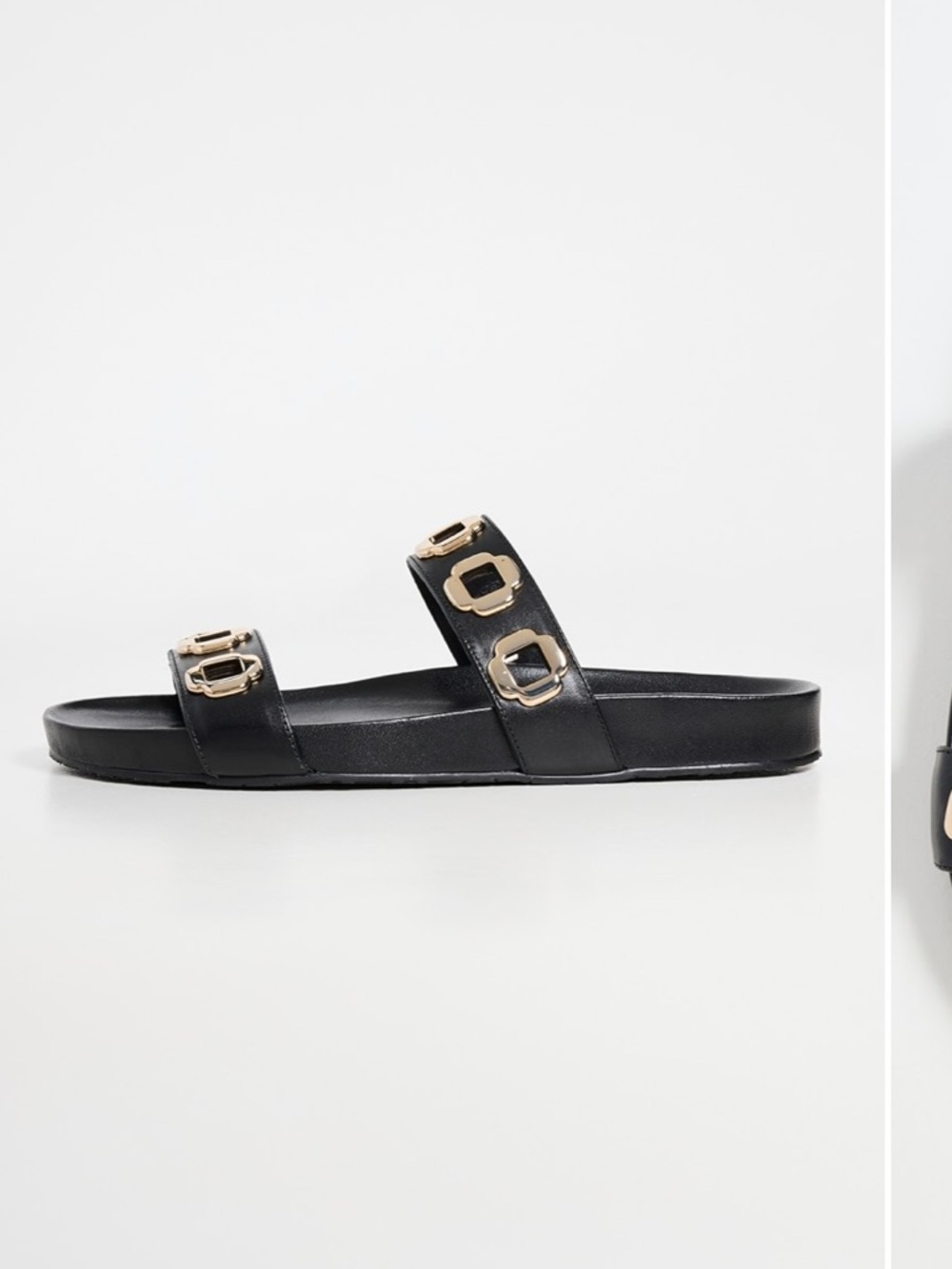 Larroude Milan Black Leather Double-Strap Slide Sandals with Gold Accents - Picture 8 of 12